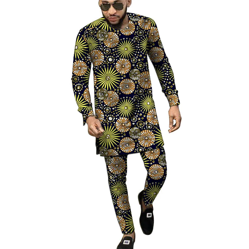 طقم ملابس رجالية أفريقية بأكمام طويلة مع بنطلون نيجيري موضة شمع طباعة ملابس حفلات الزفاف للرجال #3