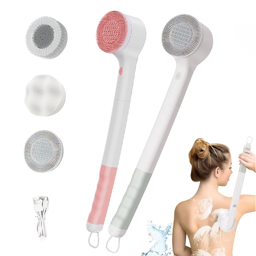 Electric Body Brush Rechargeable Silicone Scrubber Back Brush with Long Handle and 3 Spin Brush Heads Suitable