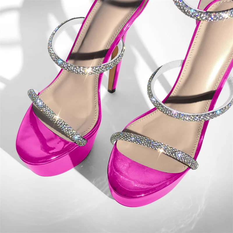 Onlymaker النساء الوردي المفتوحة تو منصة الراين رقيقة صنادل عالية الكعب الألوان فستان الحفلات الأشرطة الصنادل حجم كبير