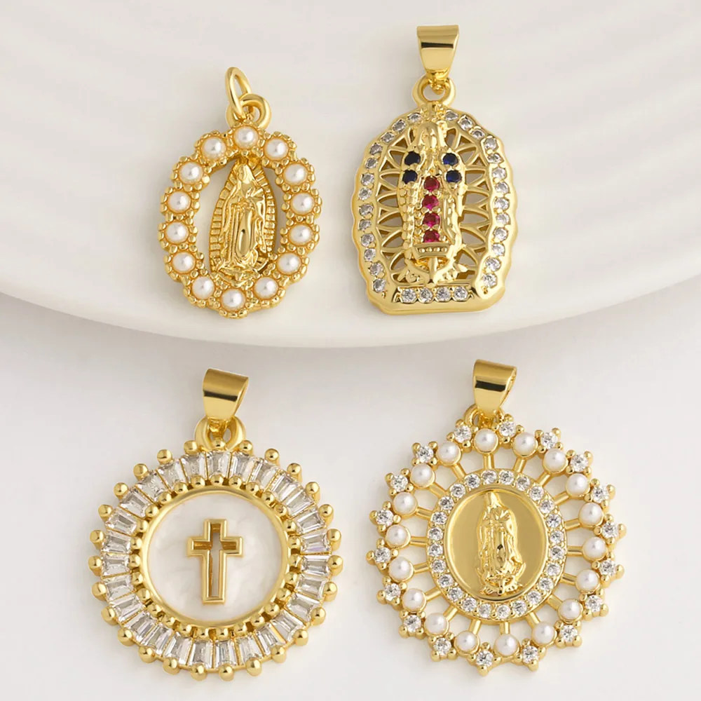 OCESRIO Crystal Virgin Mary Pendant Copper Gold Plated Cross Catholic Medal Charm for DIY Jewelry Making Component pdta488