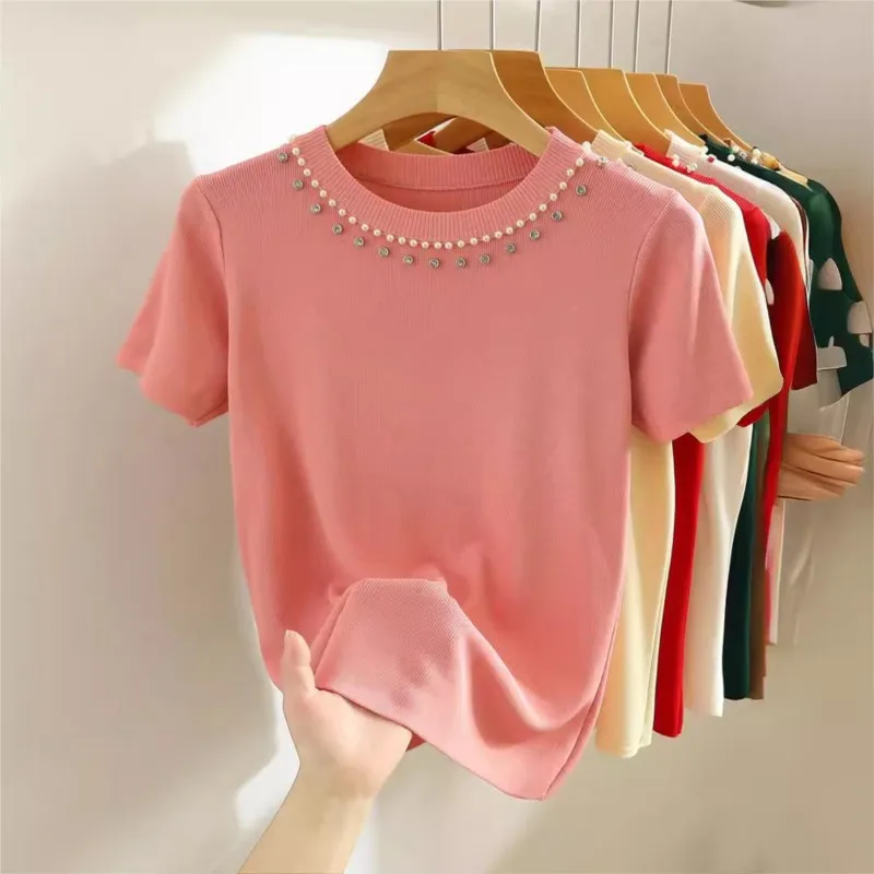 

2025 Korean Knitted T-shirt Women Top Solid Tank Y2K Summer New Fashion Fenmale Short Sleeve Beading Casual Thin Tops