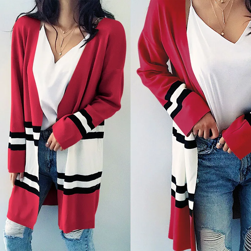 2024 New Women's Fashion Striped Medium And Long Cardigan Knitted Sweater Temperament Thin Long Sleeve Straight Outside