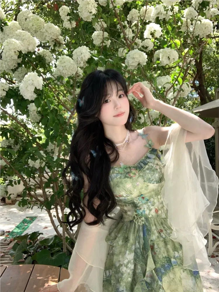 

green oil painting style tea break waist-cinching halter dress