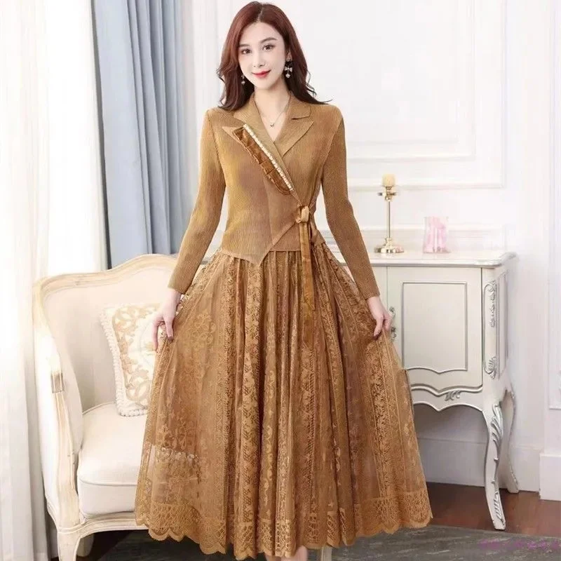 2024 Spring Autumn New Women Suit Collar Fake Two Piece A-line Skirt Slim Waist Long Sleeve Lace Three House Ruffled Dress Lady