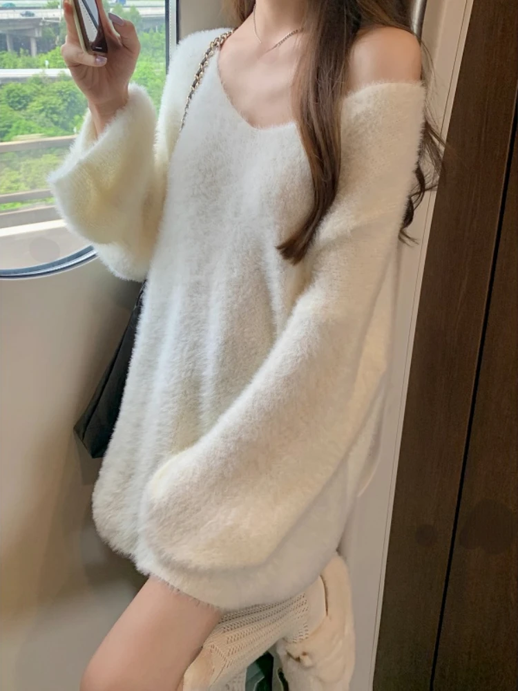 Pure Color V-Neck Knitted Sweater Women Long Sleeve Sweet Elegant White Pullover Female Korean Style Y2k Clothing 2023 Autumn