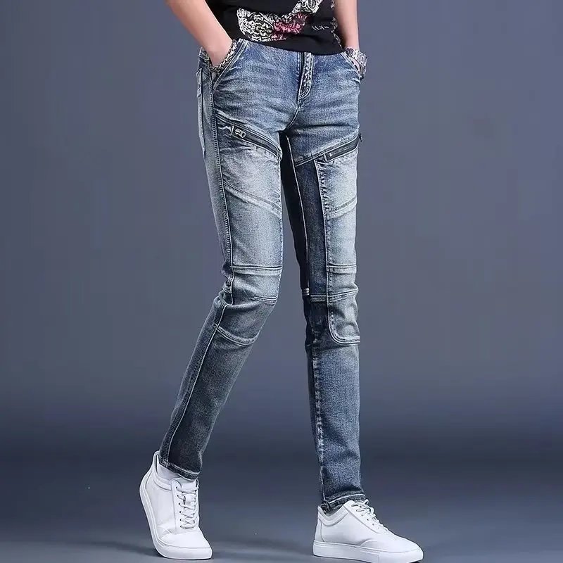 

Trendy Men's Slim Fit Jeans with Zipper Splicing Cotton Elastic Casual Long Pants Youth Sle Autumn Winter Faion Retro