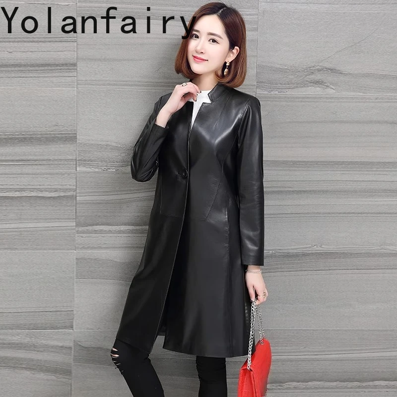 YOLANFAIRY High Quality Real Sheepskin Leather Tench Coat Woman Spring Autumn Mid-length Genuine Leather Jacket Women Slim-fit
