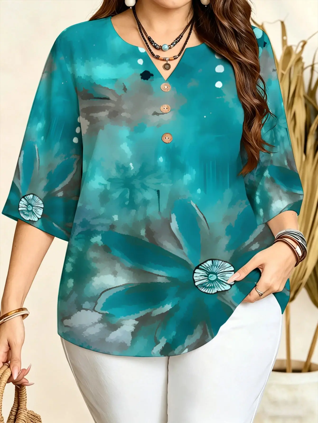 Notch V Neck Printed Blouses Rose Stripe Purple Butterfly Ink Flower Ethnic Paisley Loose 3/4 Sleeve Casual Tops For Women