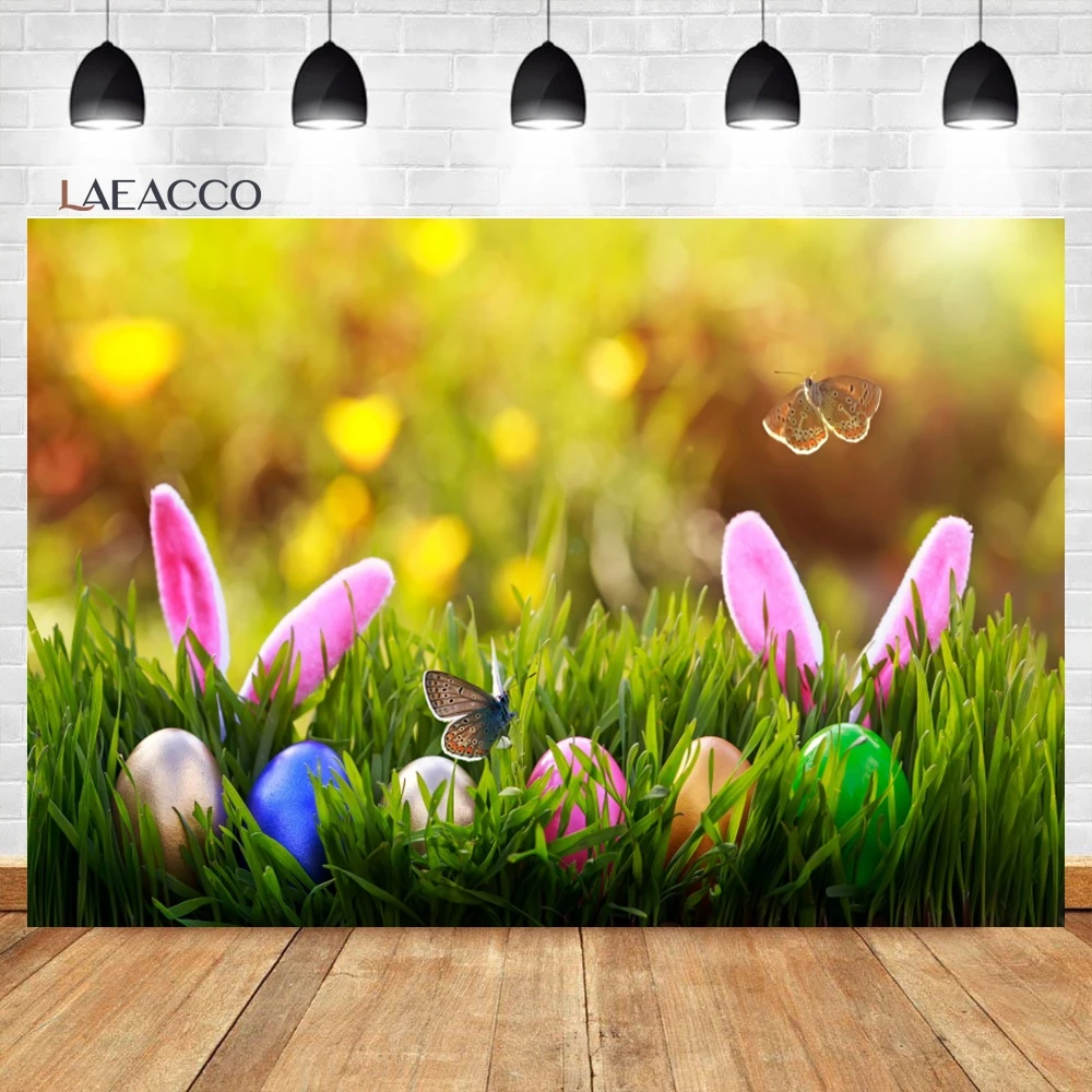 

Laeacco Spring Easter Backdrop Cartoon Rabbit Butterfly Colorful Eggs Grass Floral Kids Birthday Portrait Photography Background