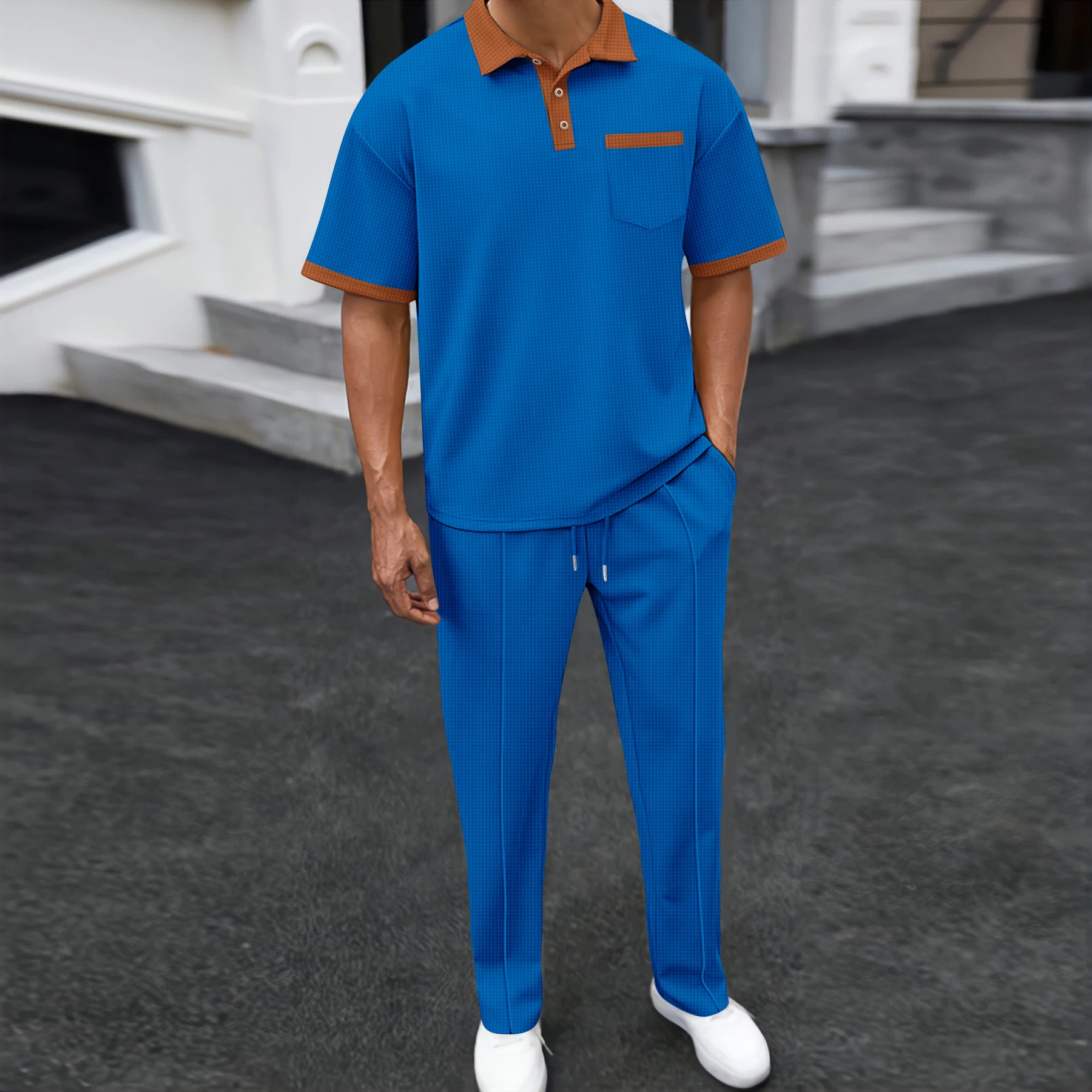 Men's Waffle Knit Color‑Contrast Lapel Polo 2‑Piece Set Pocketed Top & Drawstring Long Pants Summer Breathable Casual Tracksuit