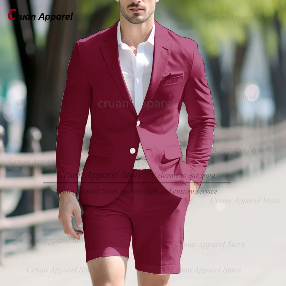 Classic Solid Suit Sets For Men Fashion Party Tailor-made Slim Fit Blazer Shorts 2 Pcs Wedding Banquet Groomsman Formal Outfits