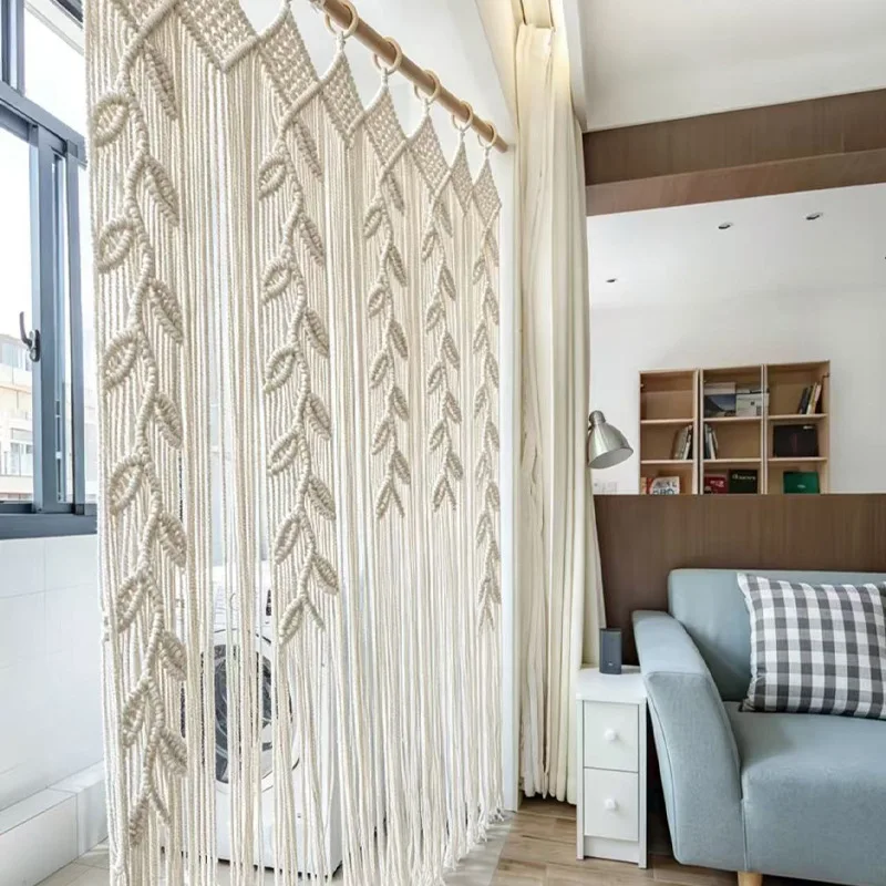 Mori leaf cotton rope woven hanging curtain, bohemian fringed door curtain, household entrance decoration partition