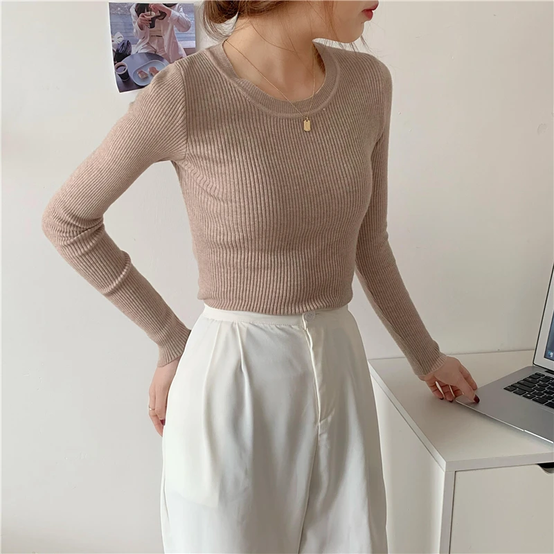 

Весенне-осенний женский круглый трикотаж Ne, облегающий базовый слой, модная белая внутренняя одежда, длинный свеч, чистый цвет, для поездок на работу