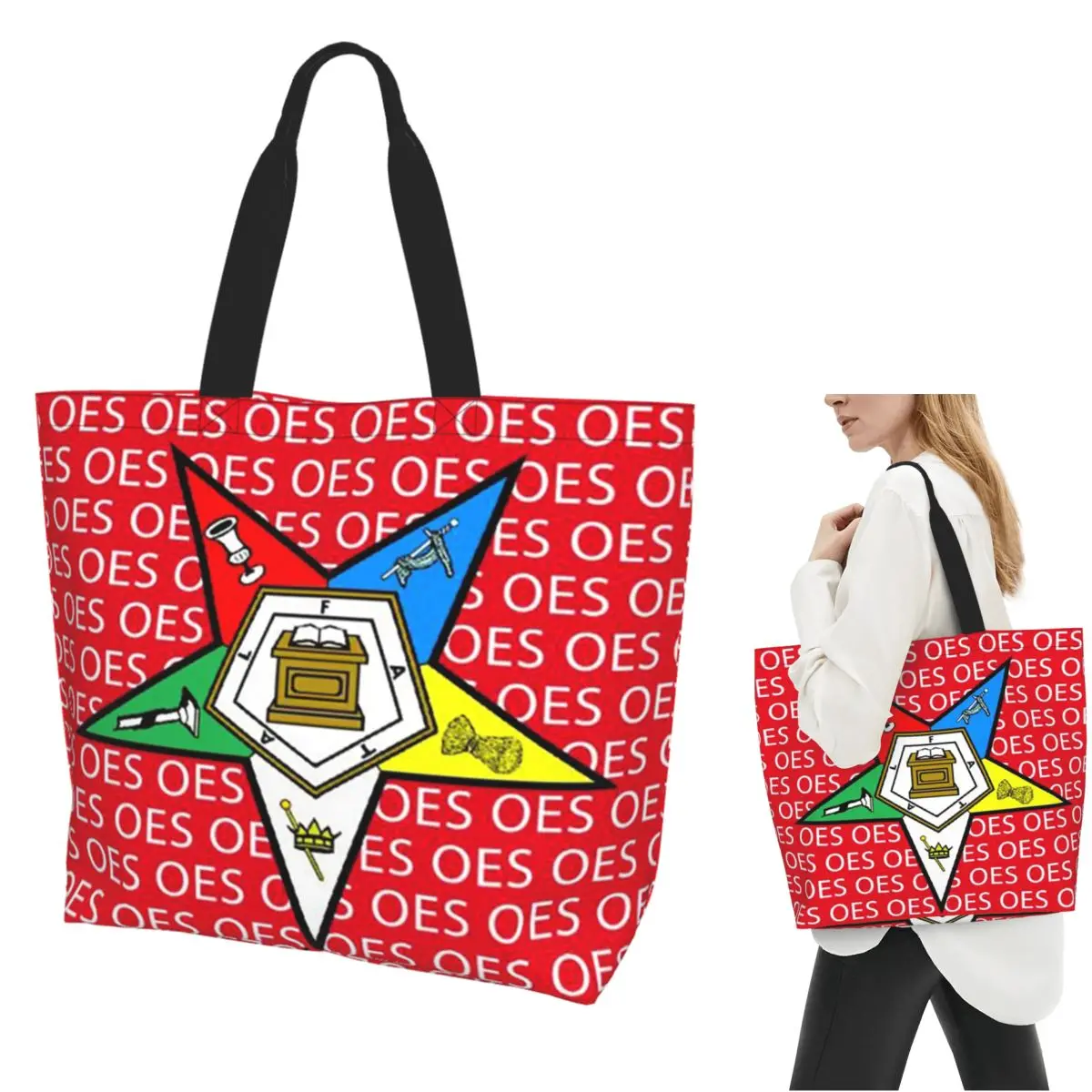Order Of The Eastern Star Logo OES Shopping Tote Bag Canvas Large Capacity Shoulder Bags Shopper Grocery Handbag for Women