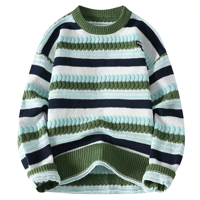 

New Youth Autumn Winter Faion Retro Stripes round Ne Long Sve Knitted Sweater Casual Versatile Inner Wear Polyester Mo...