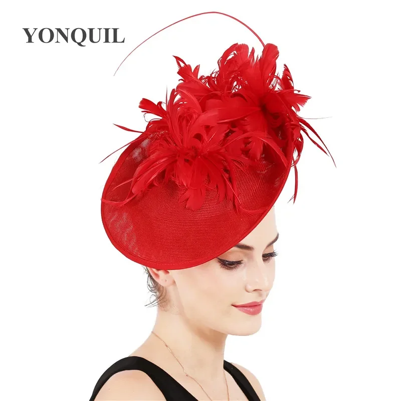 Red Fascinator Hats For Women Wedding Elegant Fascinator With Feather Flower Adorn Headpiece Lady Cocktail Headwear