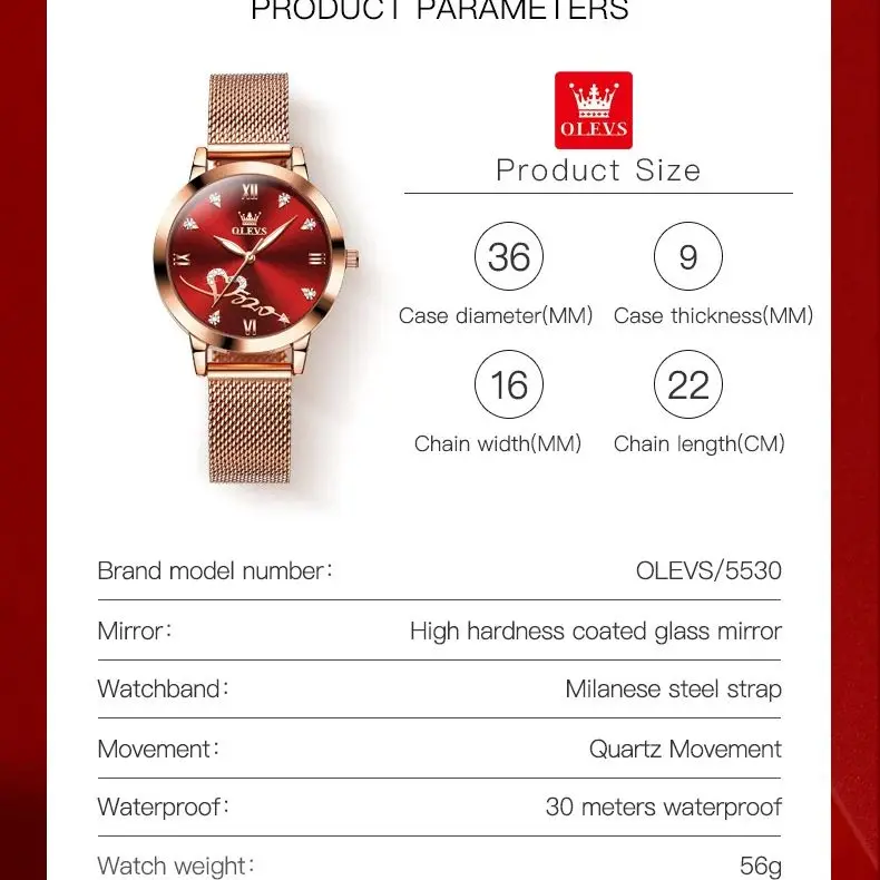 OLEVS Red Love Women\'s Watches Luxury Elegant Stainless Steel Mesh Belt Waterproof Quartz Wrist watch for Ladies Christmas Gift