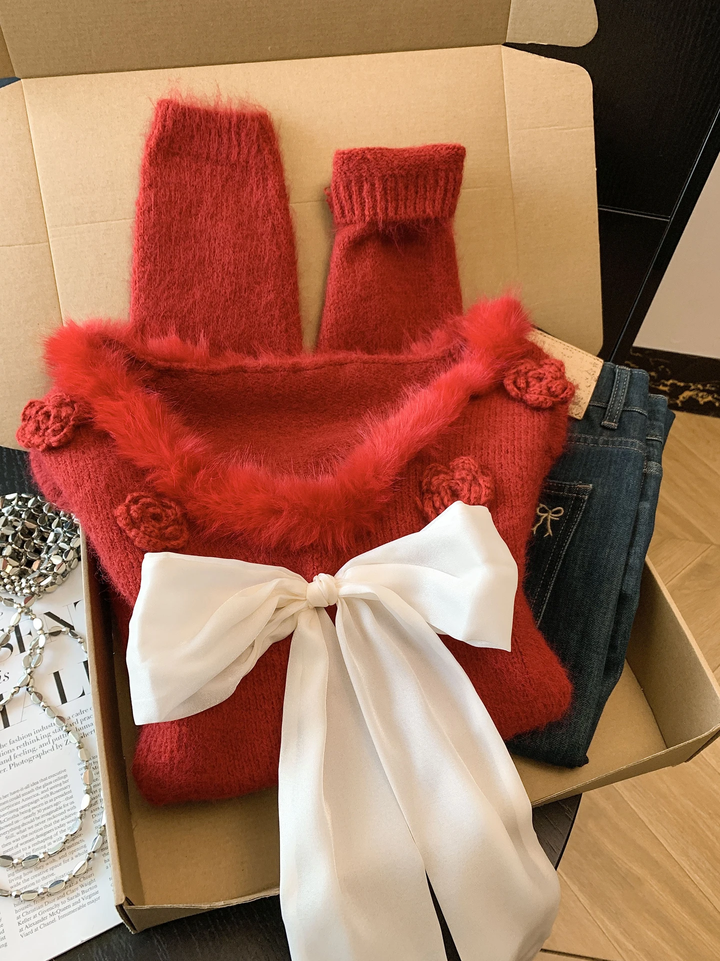 

Red V-Ne Knitted Sweater with Knot for Women Winter New Year Cisas Faion Commute Loose Fit Soft Long Sve