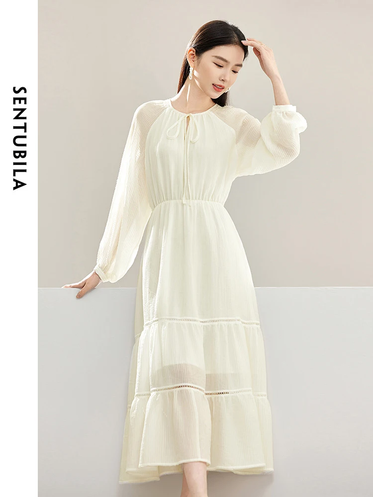 SENTUBILA Women French Swing Long Dresses 2024 Woman Tie Round Neck Lantern Sleeve Elastic Waist Dress Female Clothing 141L53534