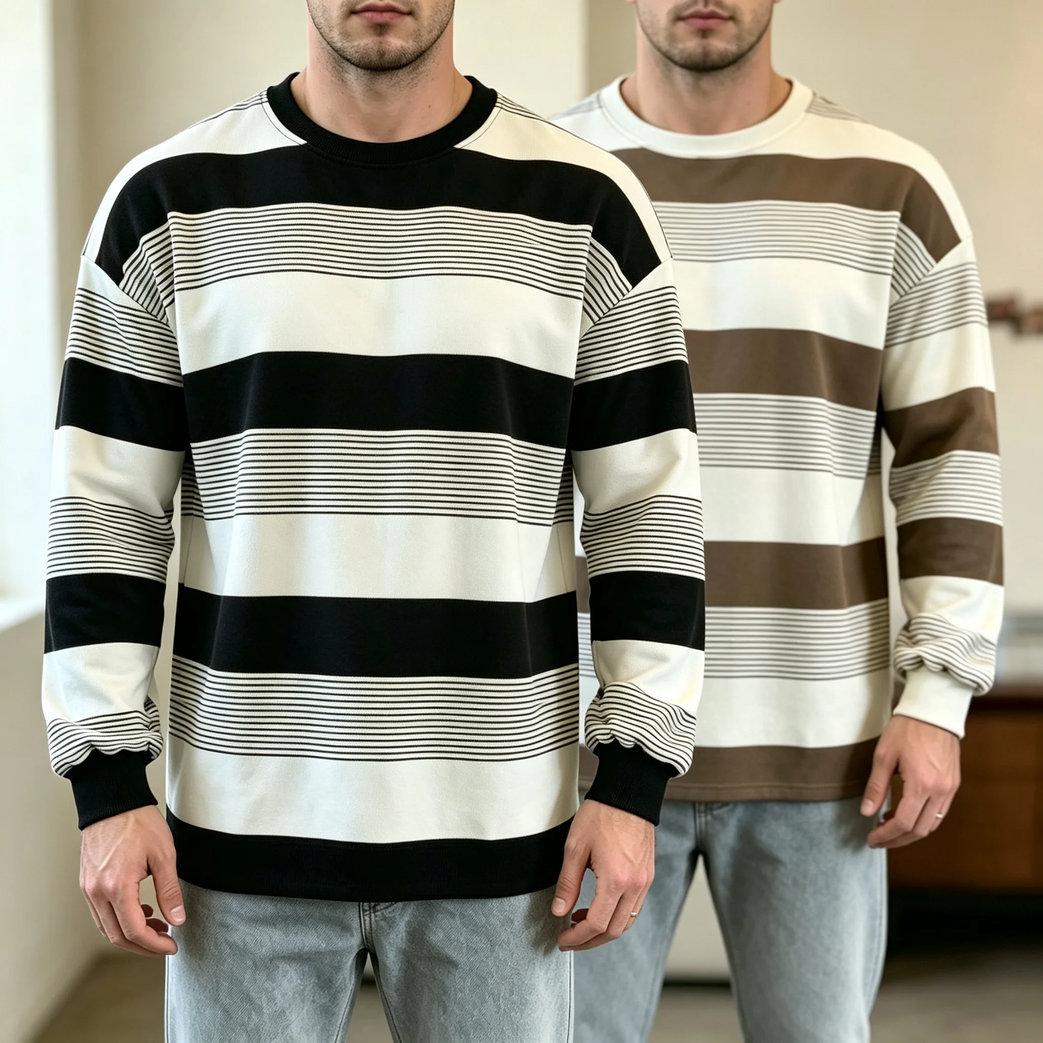 Oversize Retro Striped Long Sleeve T-shirt Casual Loose Top Trend Sweatshirt Student  All-match Streetwear Autumn Men Clothing