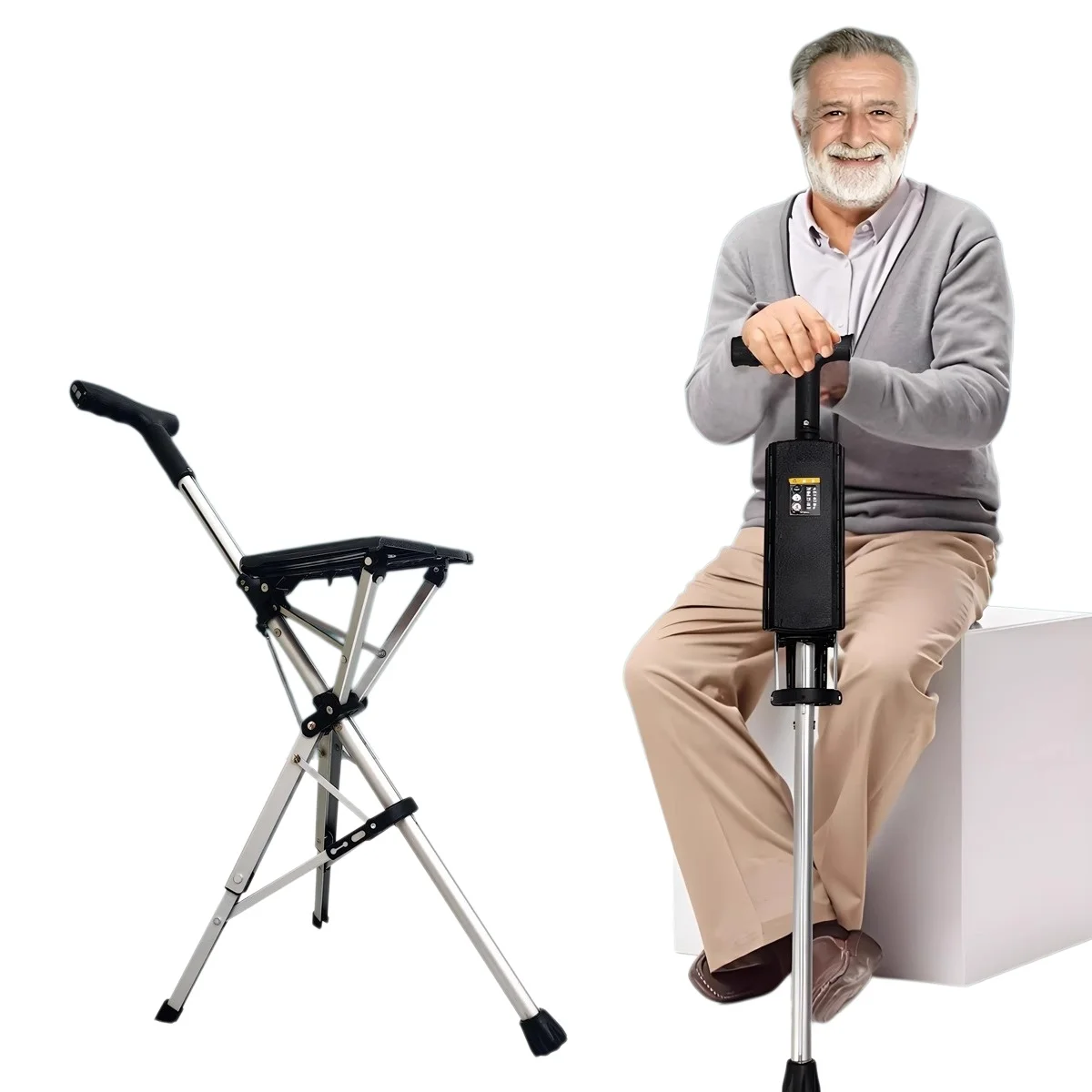 Outdoor Portable Lightweight Folding Chair Multifunctional Cane Stool Manual And Electric Button Opening And Closing Rest Seat