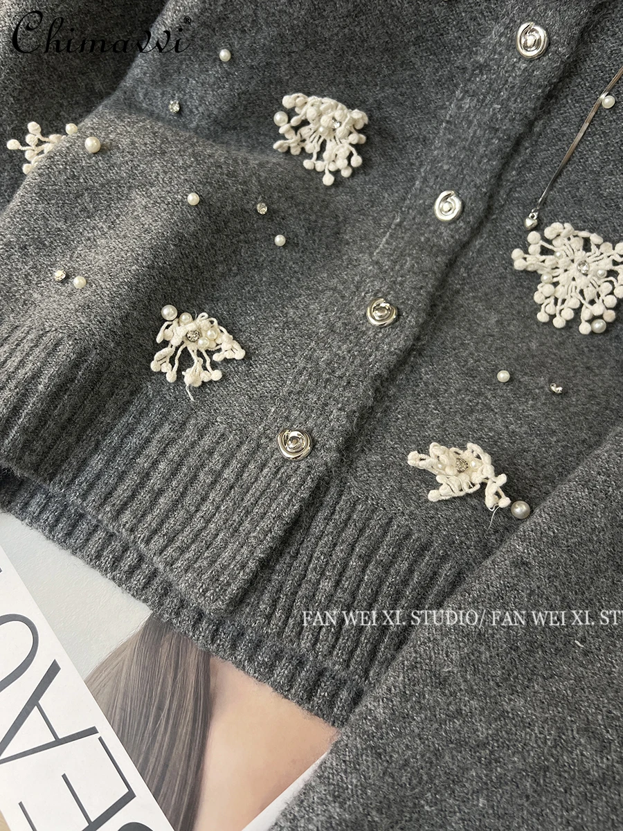 Fashion Gray Sweater Coat Women's Autumn and Winter New Heavy Diamond Bead Three-dimensional Flower Knitted Cardigan Top