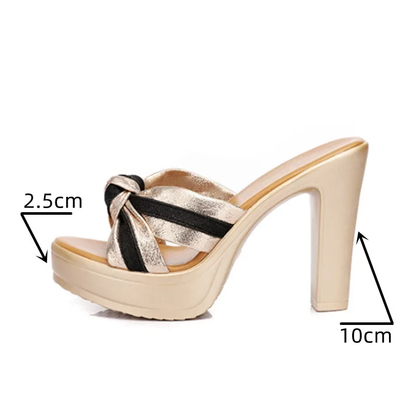 Plus Size 32-43 Open Head Block Heel Platform Slippers Summer 2024 Stripe Elegant High Heels Slides Office Party Shoes