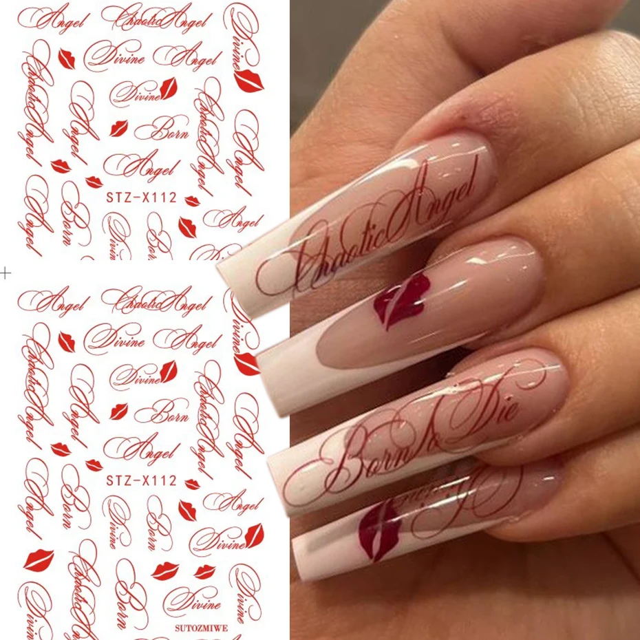 2 Stück rote englische Buchstaben-Nagelaufkleber im Y2K-Stil mit Lippen-Nagelsticker, DIY-Nagelkunst-Dekoration für Frauen – Detail 2