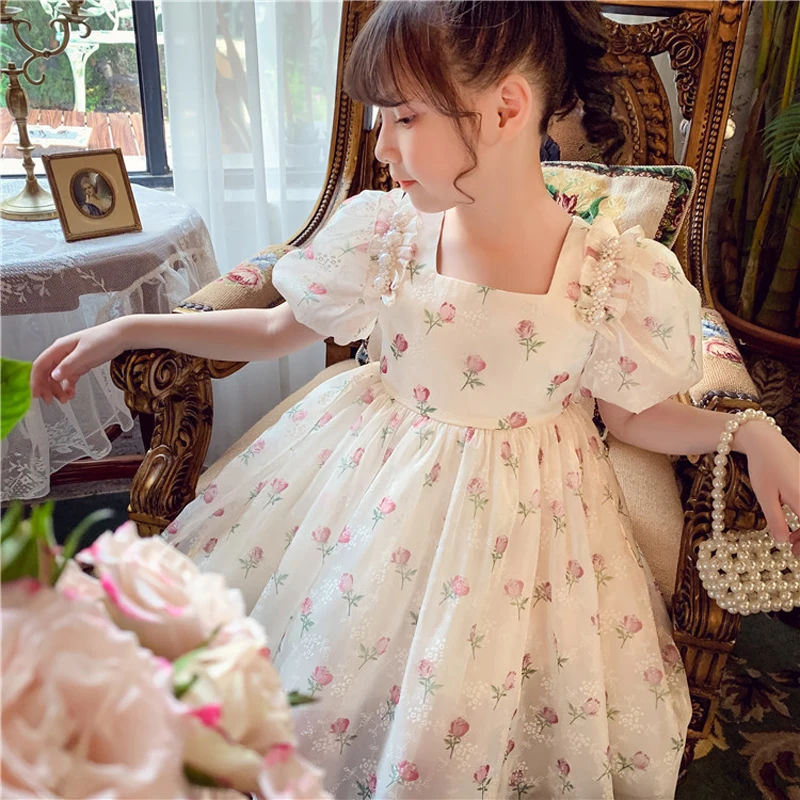 Summer New Girls Princess Dress Full Print Flowers Puff Sleeve Bow Mesh DresseTutu Birthday Party Gown For 2-8 Years Kids