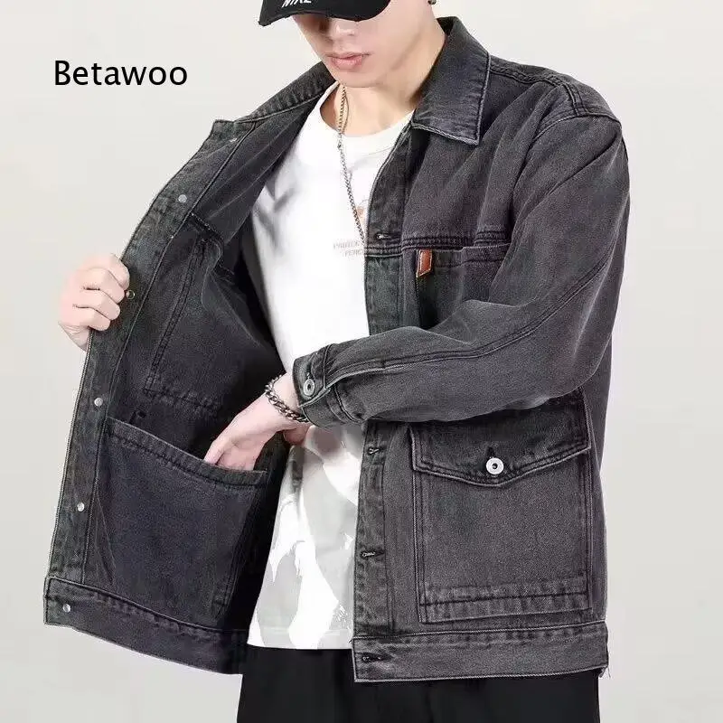 Men Lapel Button Up Denim Trucker Jacket Multi Pockets Long Sleeve Outerwear for Street Daily Casual Wear