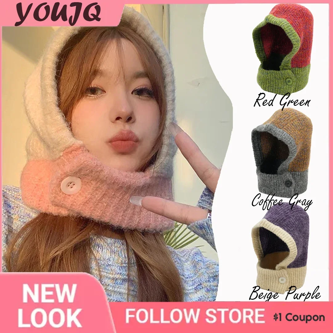 INS Women Knitted Hat Balaclava Winter Bunny Hats Pilling Resistant Lady Autumn Headgear Beanie Caps Adult Earflaps Scarf Gorras