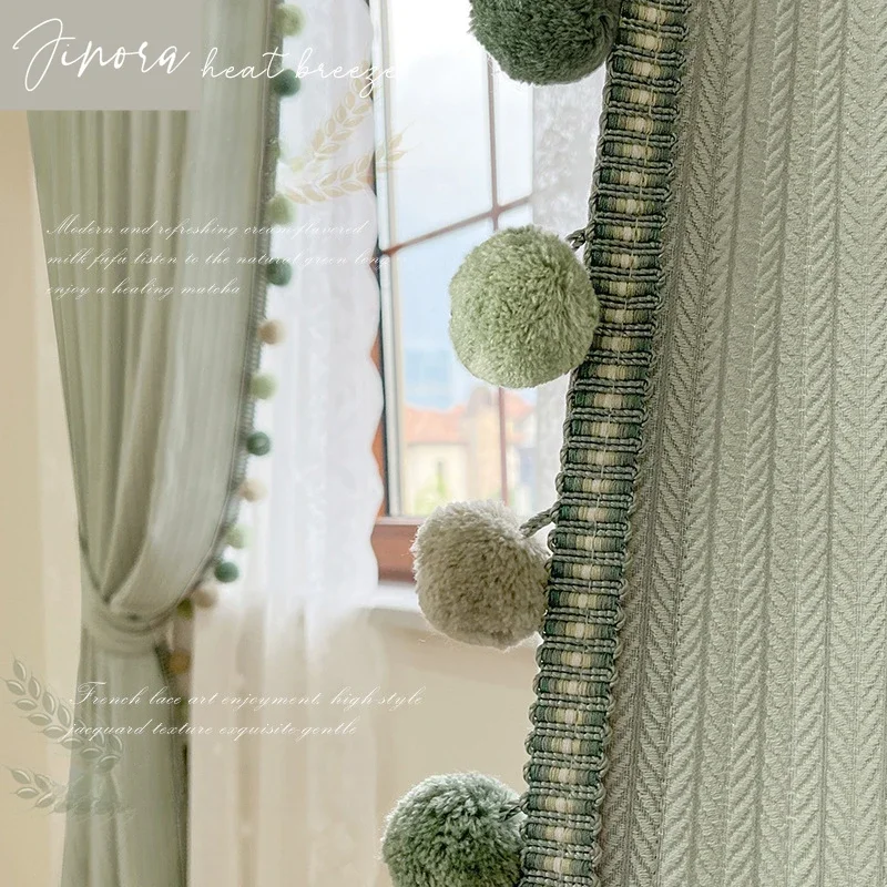 Wheat Grain Milk Green Curtain Hair Ball Lace Solid Color Children's Room Girls and Boys Curtains for Living Dining Room Bedroom