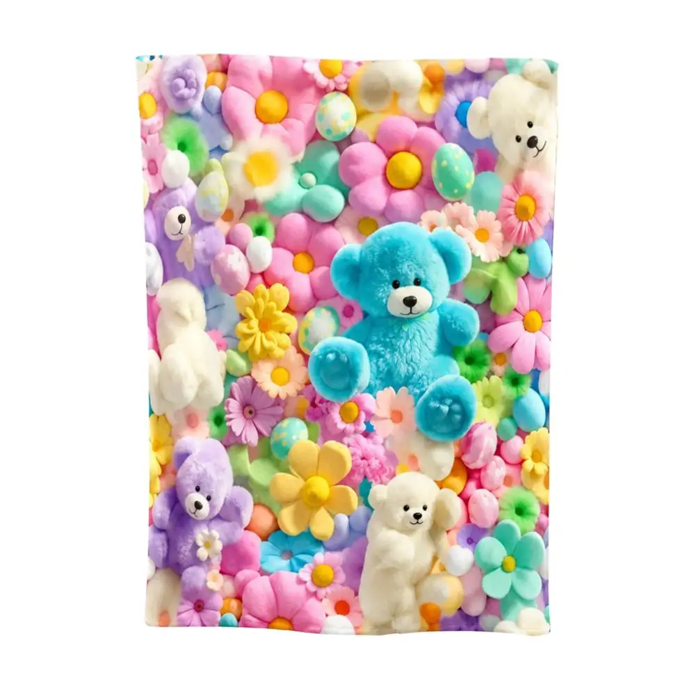 Fluffy Teddy Bear Color Floral Sweet Cartoon Lovely Pattern Soft Blanket All-Season Blanket Multi-scene Living Room Bed Travel