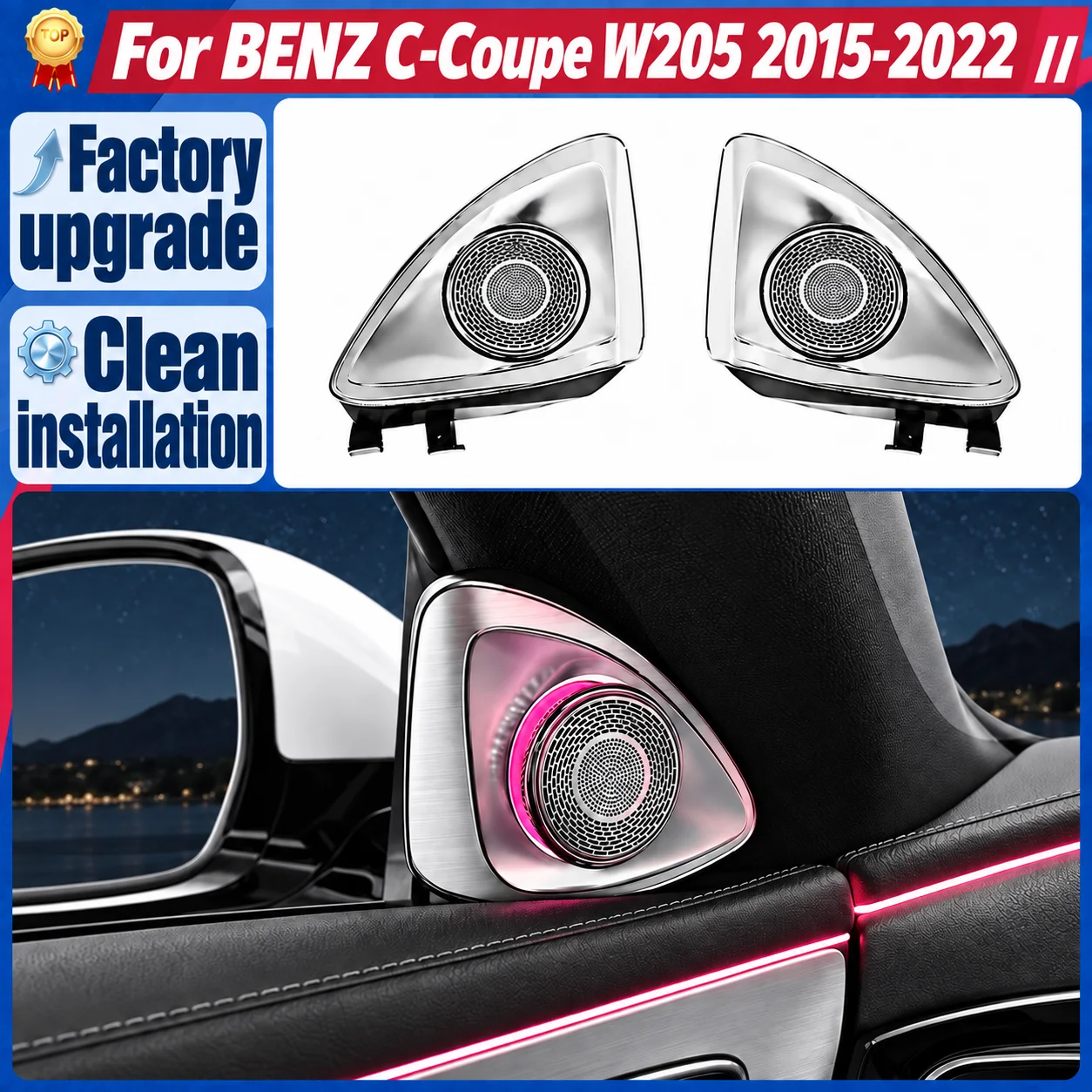 4D Rotating Tweeter Speakers with Ambient Lights for Mercedes-Benz C-Class Coupe 2015-2021, Standard Version Audio Retrofit Trim