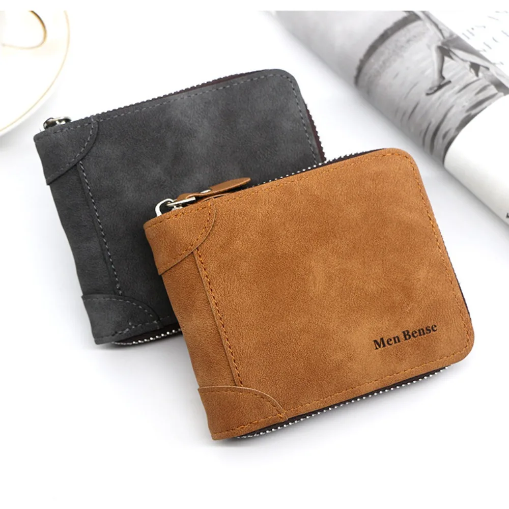 

Fashion Vintage Short PU Wallet Bifold Frosted Business Clutch Bag Casual Zipper Male Coin Purse Travel