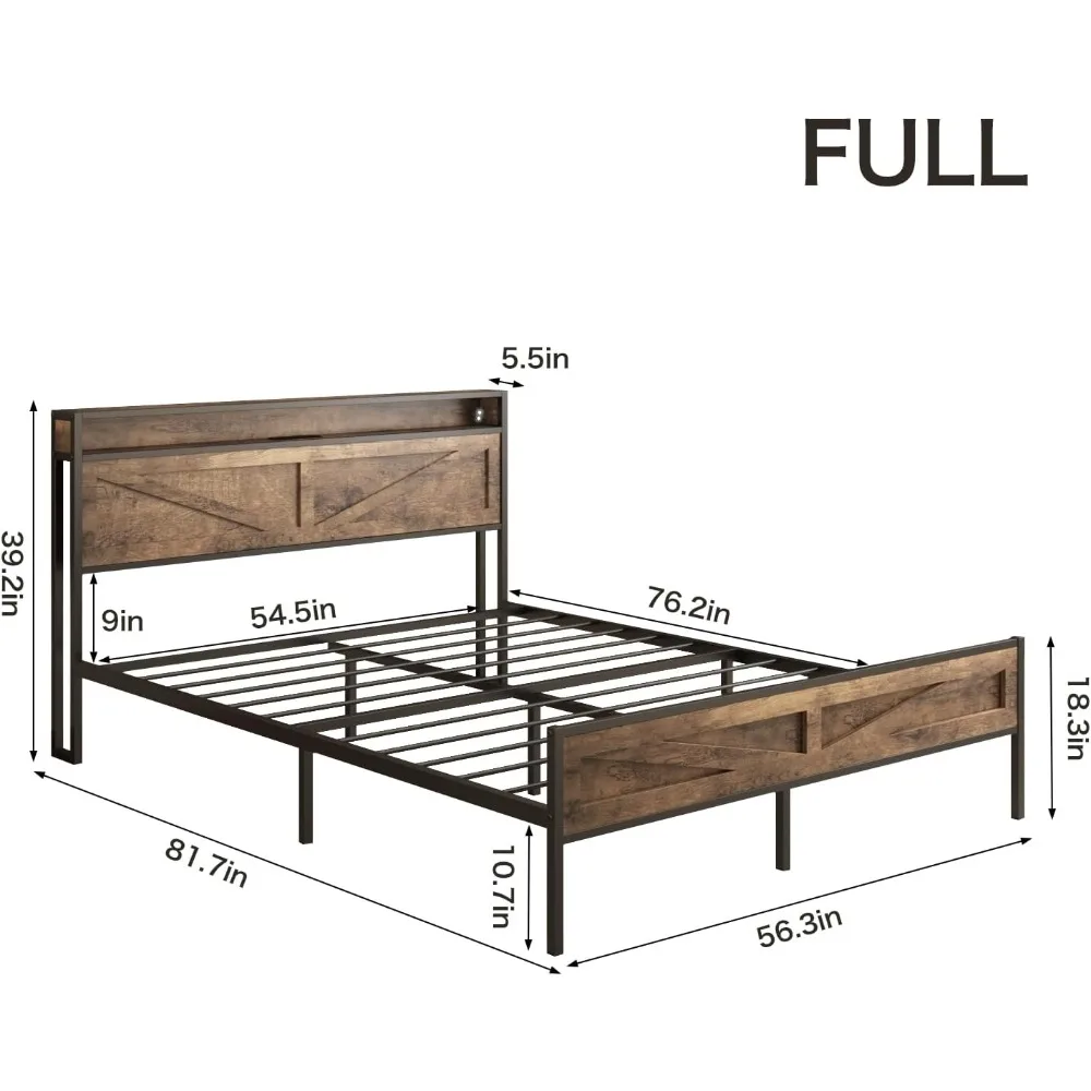 LED Full Size Bed Frame with Charging Station, Platform Metal Bed Frame with Headboard Storage & USB Ports Outlets, Bed Frame