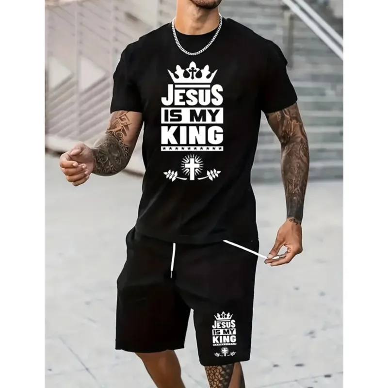 

2025 Summer Men's Suit Fashion Sportswear King Short Sleeve T Shirt Athletic Shorts Suit Men's Casual Men's Jogging 2 Piece Set