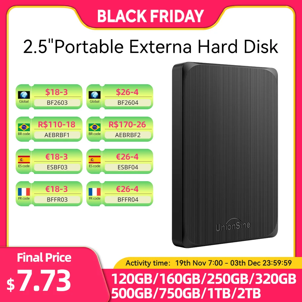 محرك الأقراص الصلبة الخارجي المحمول UnionSine HDD مقاس 2.5 بوصة 1 تيرابايت/750 جيجابايت/500 جيجابايت/320 جيجابايت USB3.0 عالي السرعة وسعة كبيرة لتخزين بيانات الأقراص الصلبة الاحتياطية