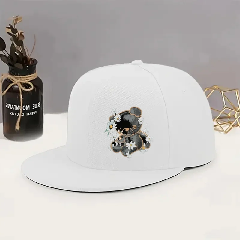 2D Flat - A Stylish Flat-Brimmed Baseball Cap Featuring a Hand-Painted Black Teddy Bear Design, Adorned with Cheerful Daisies. T