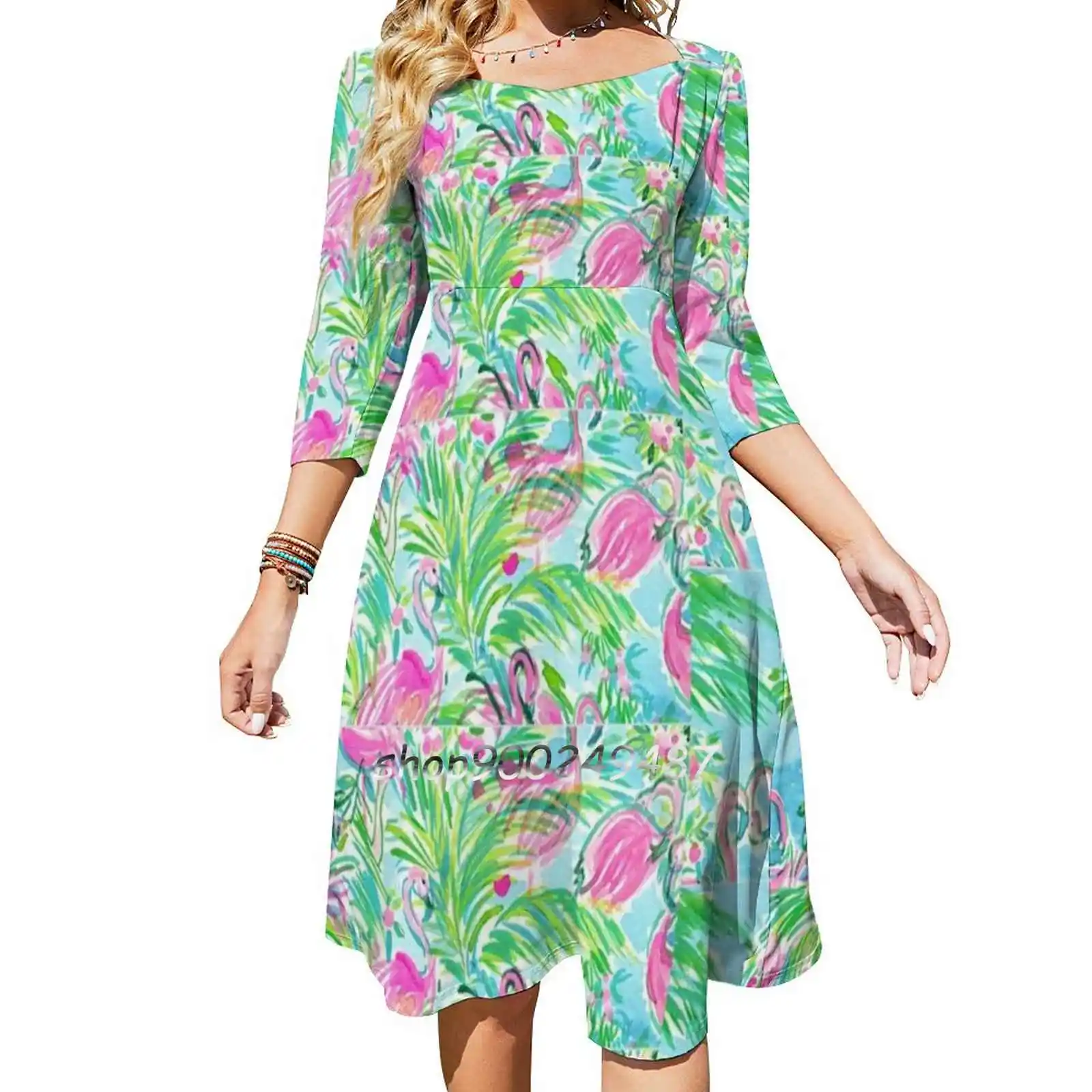 Tropical Pink Flamingo Watercolor Print Flare Dress Square Neck Dress Elegant Female Fashion Printed Dress Flamingo Flamingo