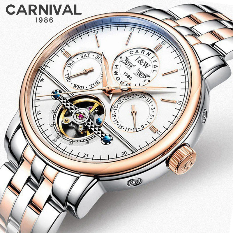 

Carnival Fashion Casual Mechanical Watch For Men Luxury Automatic Tourbillon Watch Stainless Steel Waterproof Clock Relogio