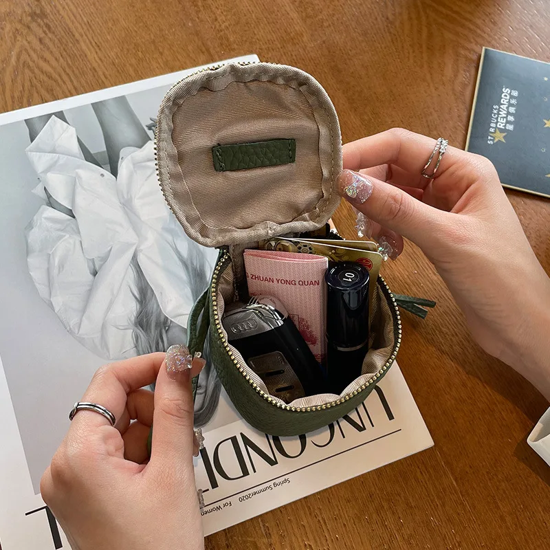 Vintage leather cosmetic bag, lipstick change, storage bag, portable travel storage bucket, personality mini round coin purse