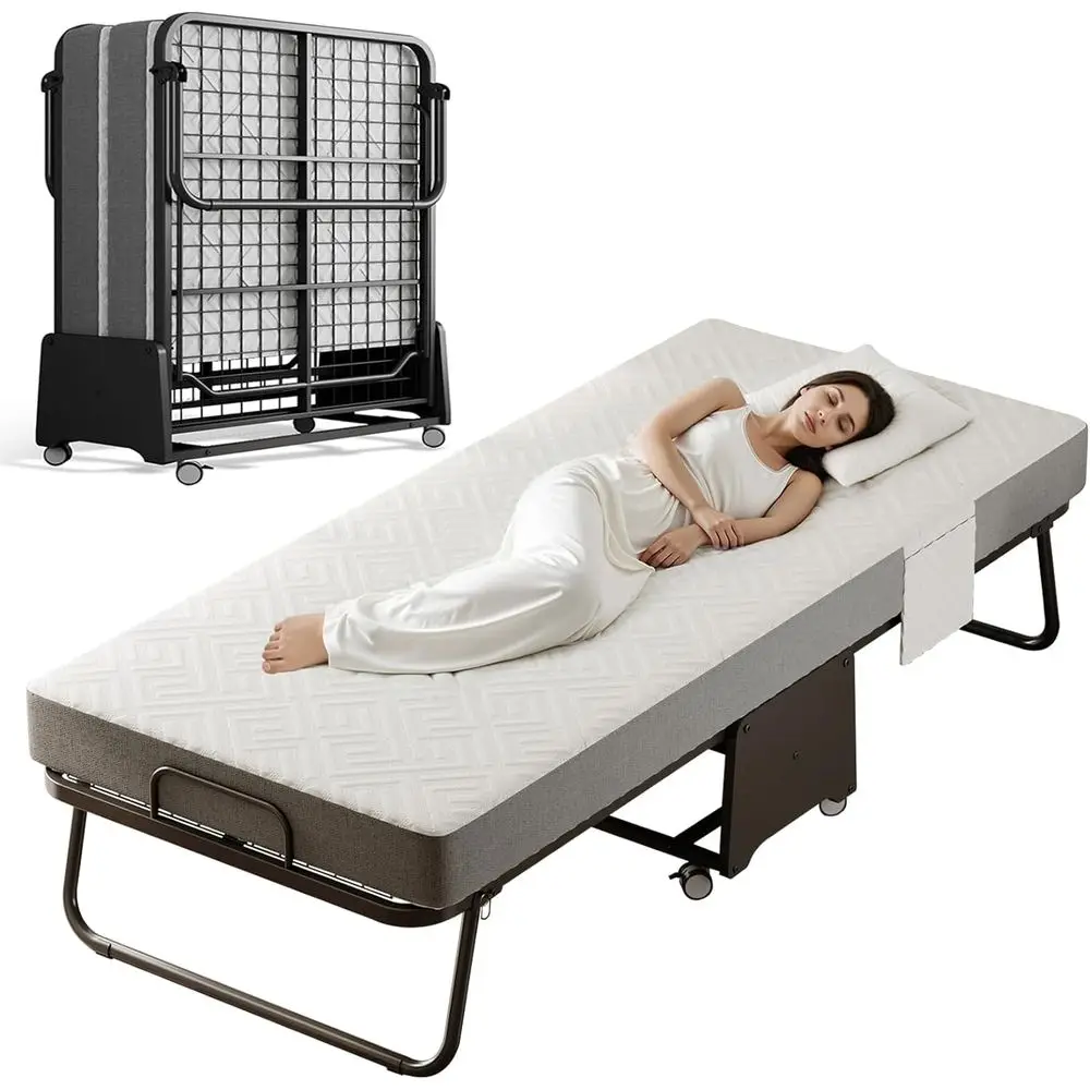 Cama plegable de lujo Memory Foam con estructura de metal, rodillos y bolsillos - 75x31