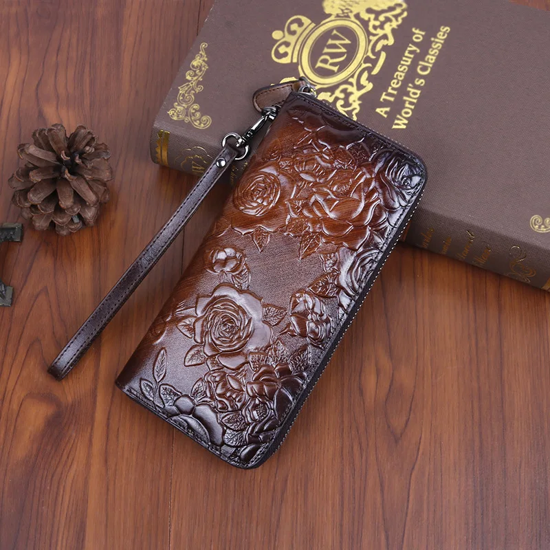 2026 Cowhide Retro Style Long Women's Clutch Bag Multi Card Slot Embossed Colored Zipper Bag Breathable and Antibacterial