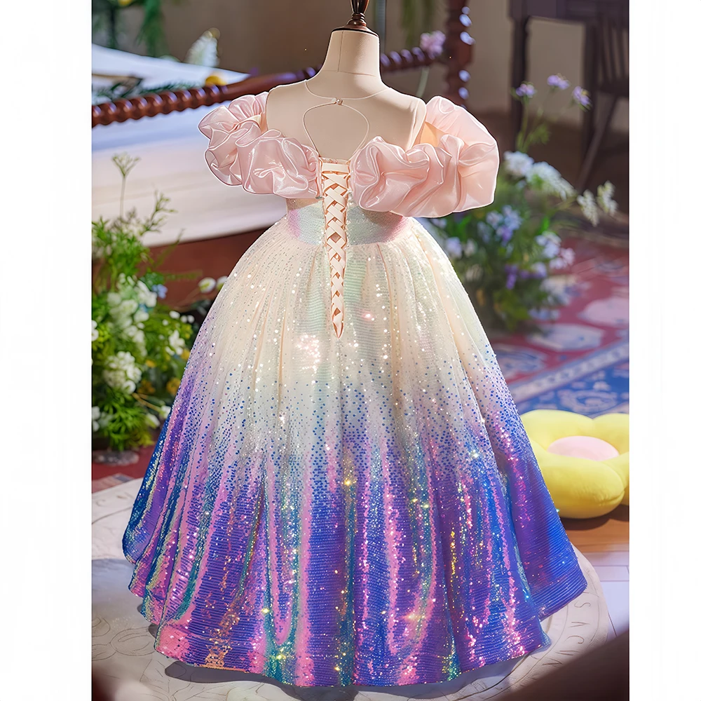 فساتين مسابقة الجمال أرجواني فاخرة مطرزة بالخرز، فستان سهرة رسمي رائع للأميرة للأطفال لحفلات الزفاف وأعياد الميلاد والعشاء