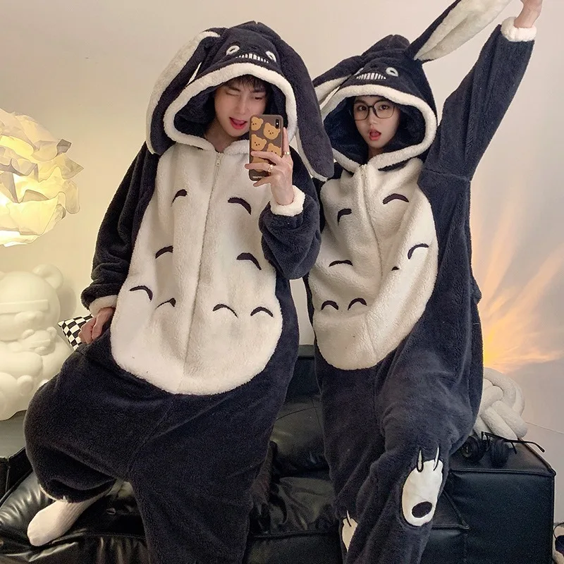 My Neighbor Totoro Winter Couple Matching Pajamas Thick Fluffy Plush Zipper Jumpsuit Cute Loungewear Warm Cozy Home Sleepwear view 2