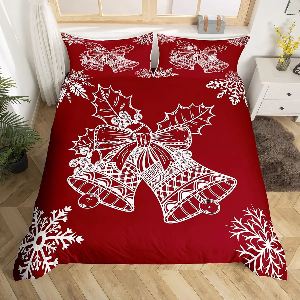 Christmas Bells Bedding Set Merry Christmas Comforter Cover Holiday Christmas Duvet Cover New Year Quilt Cover with 2 Pillowcase