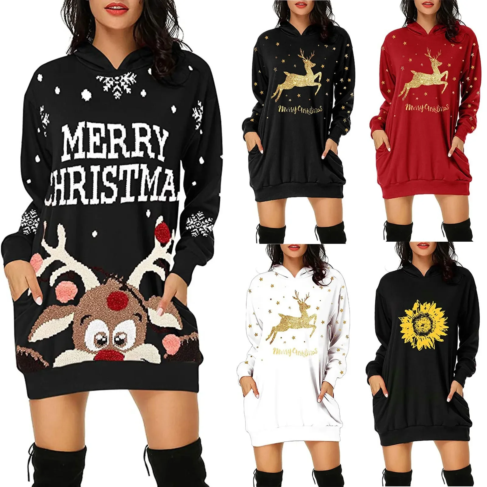 Christmas Jersey Sweater Women Ugly Plaid Sweaters Hoody Female Long Sleeve Hoodies Ladies Winter Turtleneck Sweater Knitwear