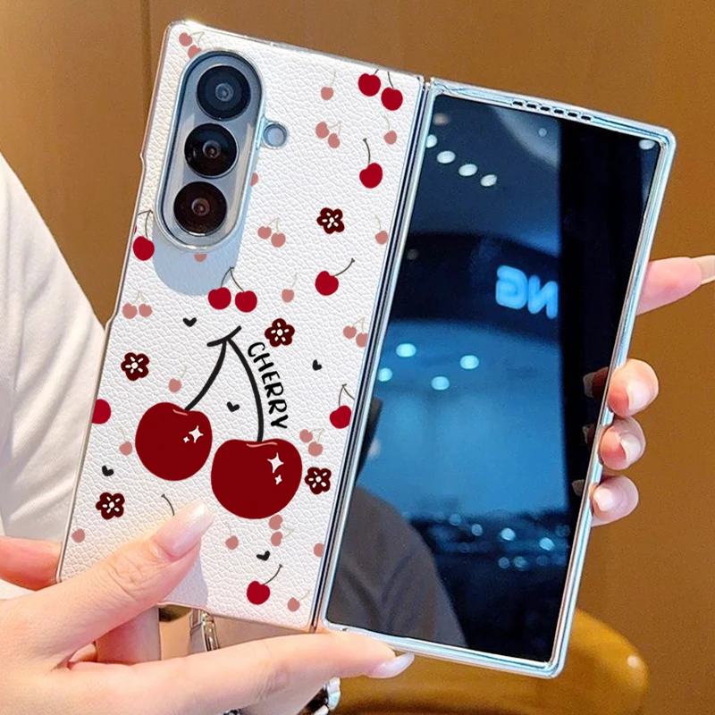Cherry Fruits Case For Samsung Z Fold 7 6 5 Hybrid Leather Skin Plating Folding Phone Cover For Samsung Z Fold7 Fold6 Fold5