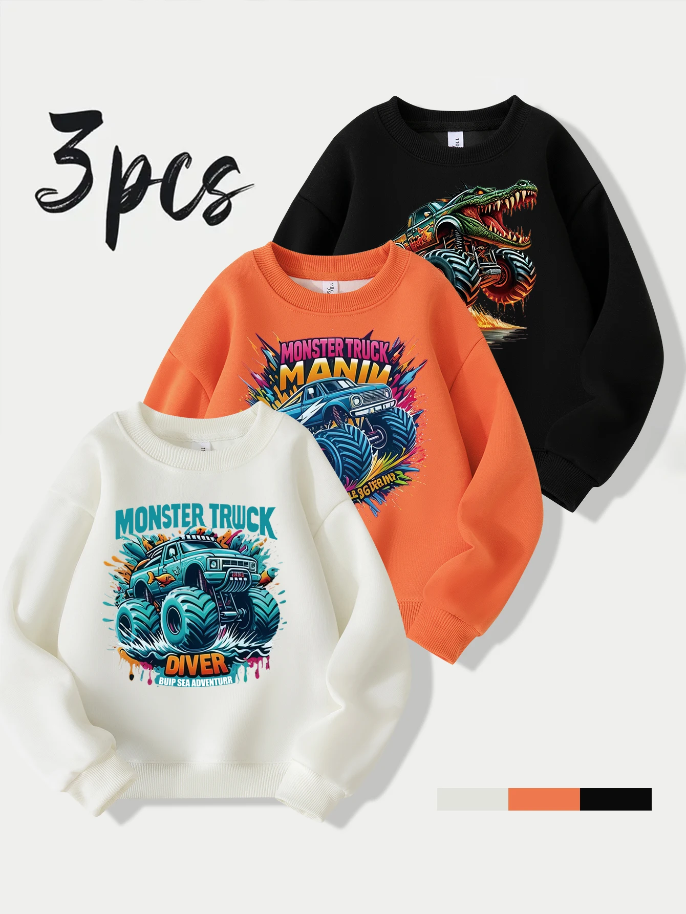 

3 pieces set boys hoodie sweatshirt autumn outfit round neck kids clothing comfortable soft off-road vehicle pattern